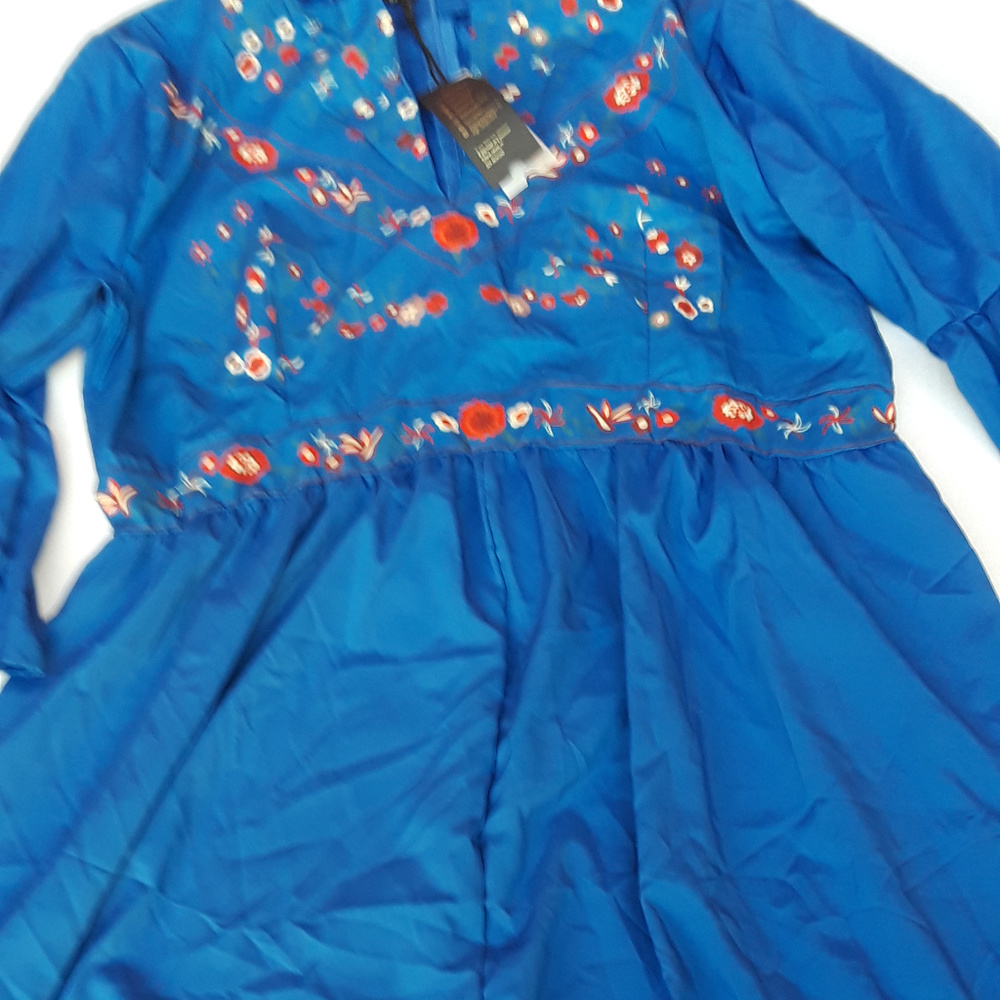 Blue dress with red, white, green floral print